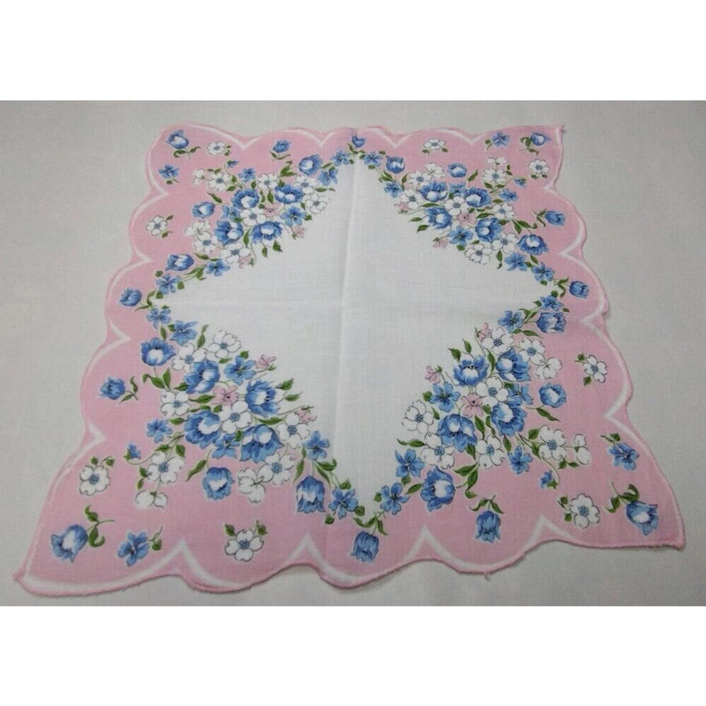 Vintage Hankie 11" Baby Pink Blue Floral Shabby Chic Handkerchief Placemat Vase
